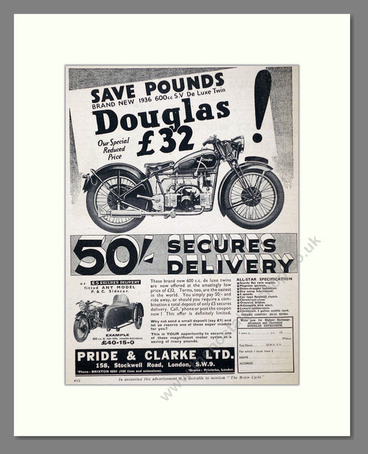Douglas - 600cc De Luxe Twin. Vintage Advert 1937 (ref AD67404)