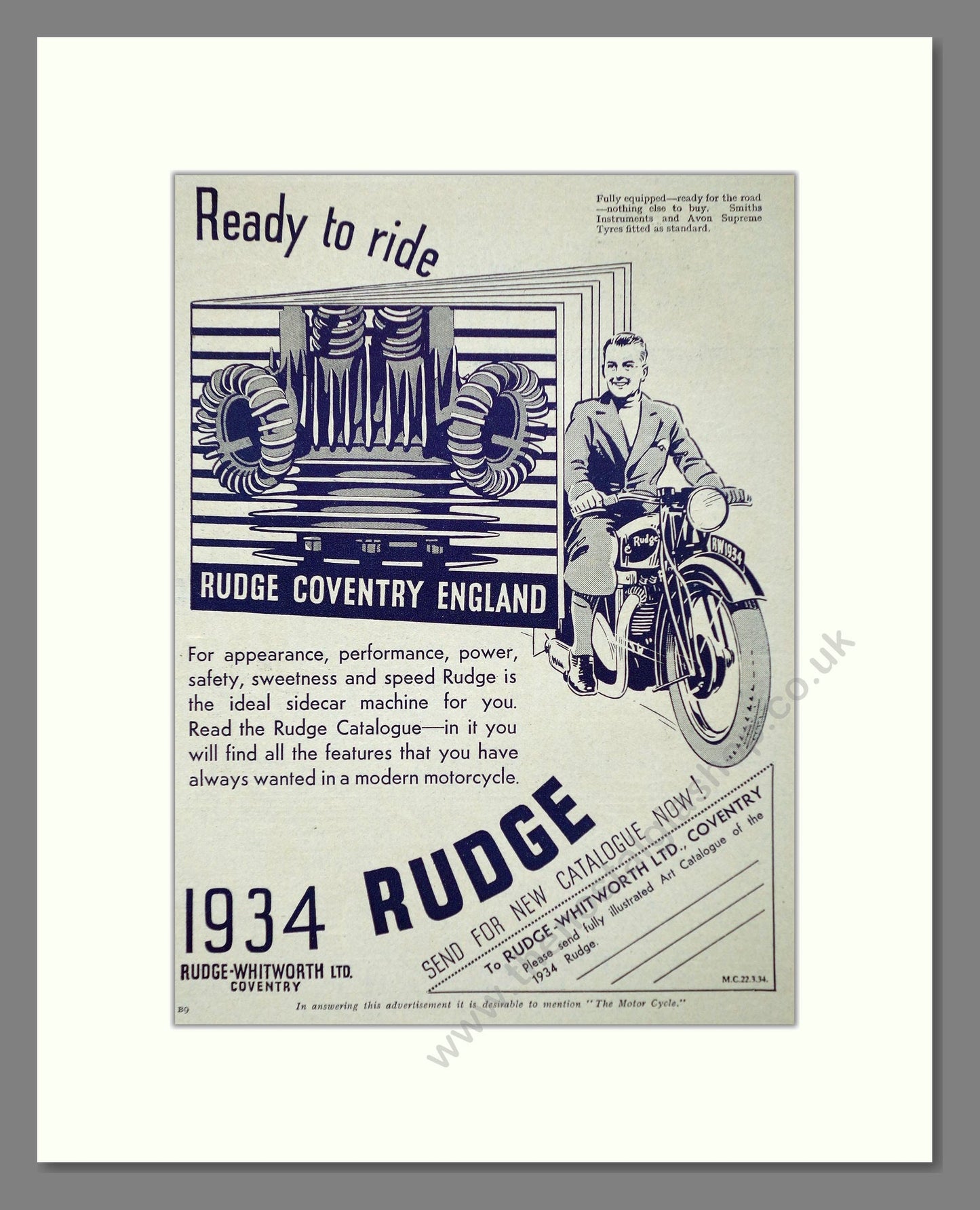 Rudge - Ready To Ride. Vintage Advert 1934 (ref AD67413)