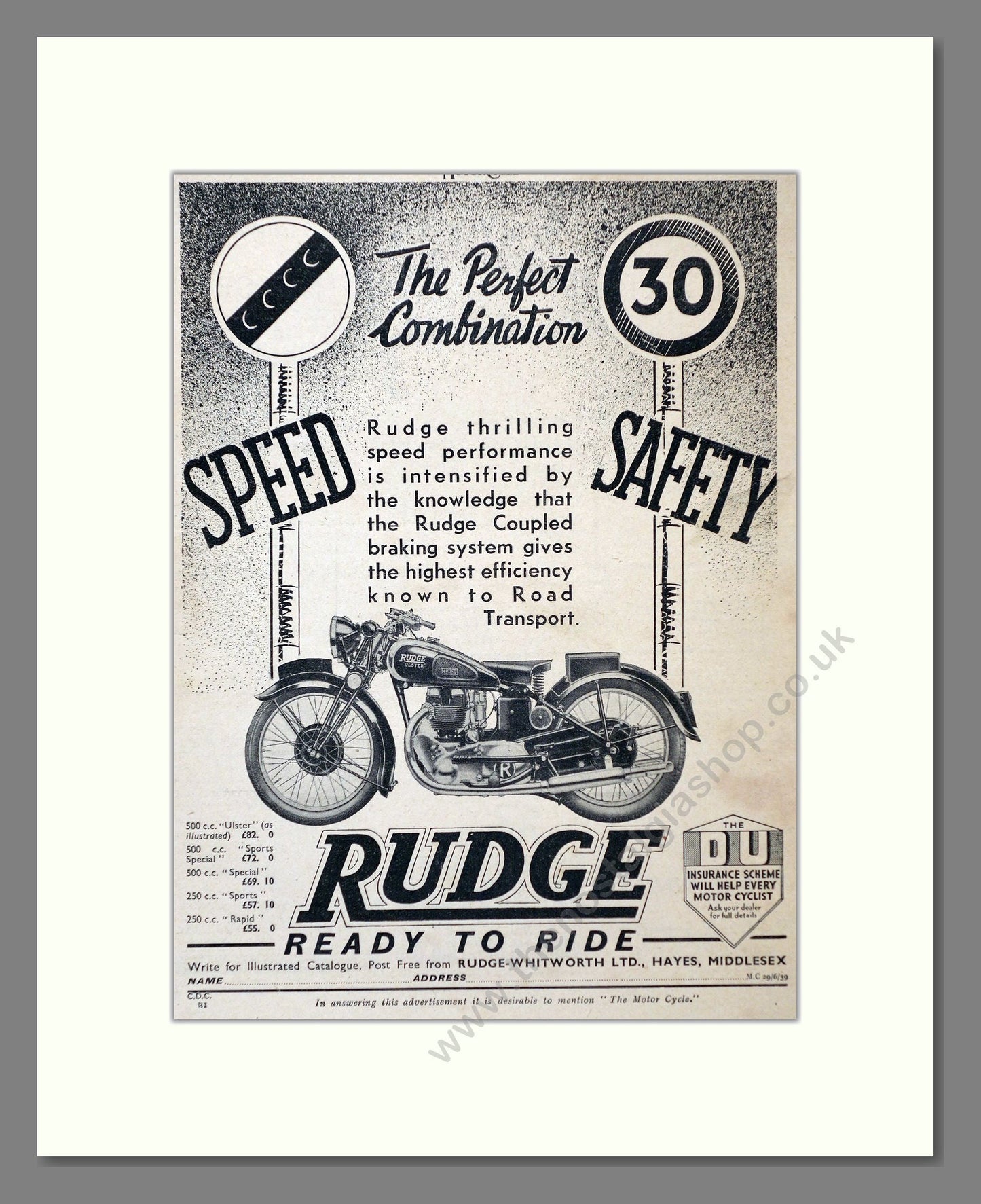 Rudge - Speed And Safety Coupled Braking System. Vintage Advert 1939 (ref AD67414)