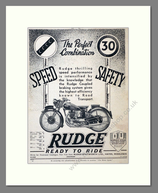 Rudge - Speed And Safety Coupled Braking System. Vintage Advert 1939 (ref AD67414)