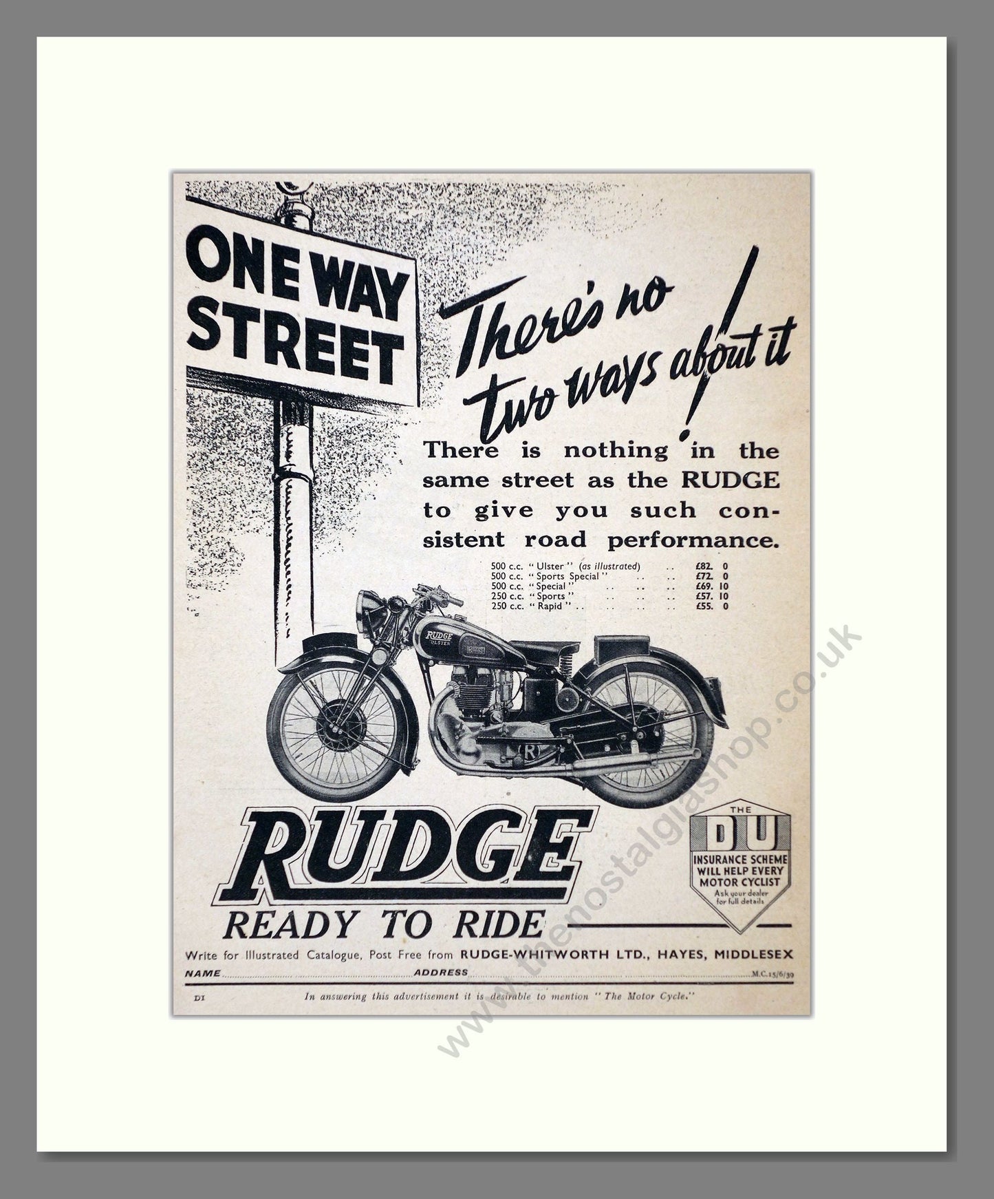 Rudge - Ready To Ride. Vintage Advert 1939 (ref AD67415)
