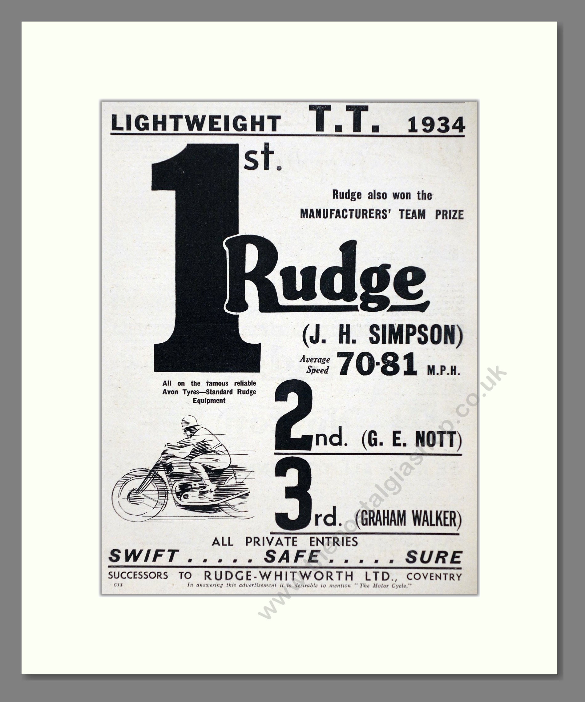 Rudge - Lightweight TT Winner . Vintage Advert 1934 (ref AD67416)