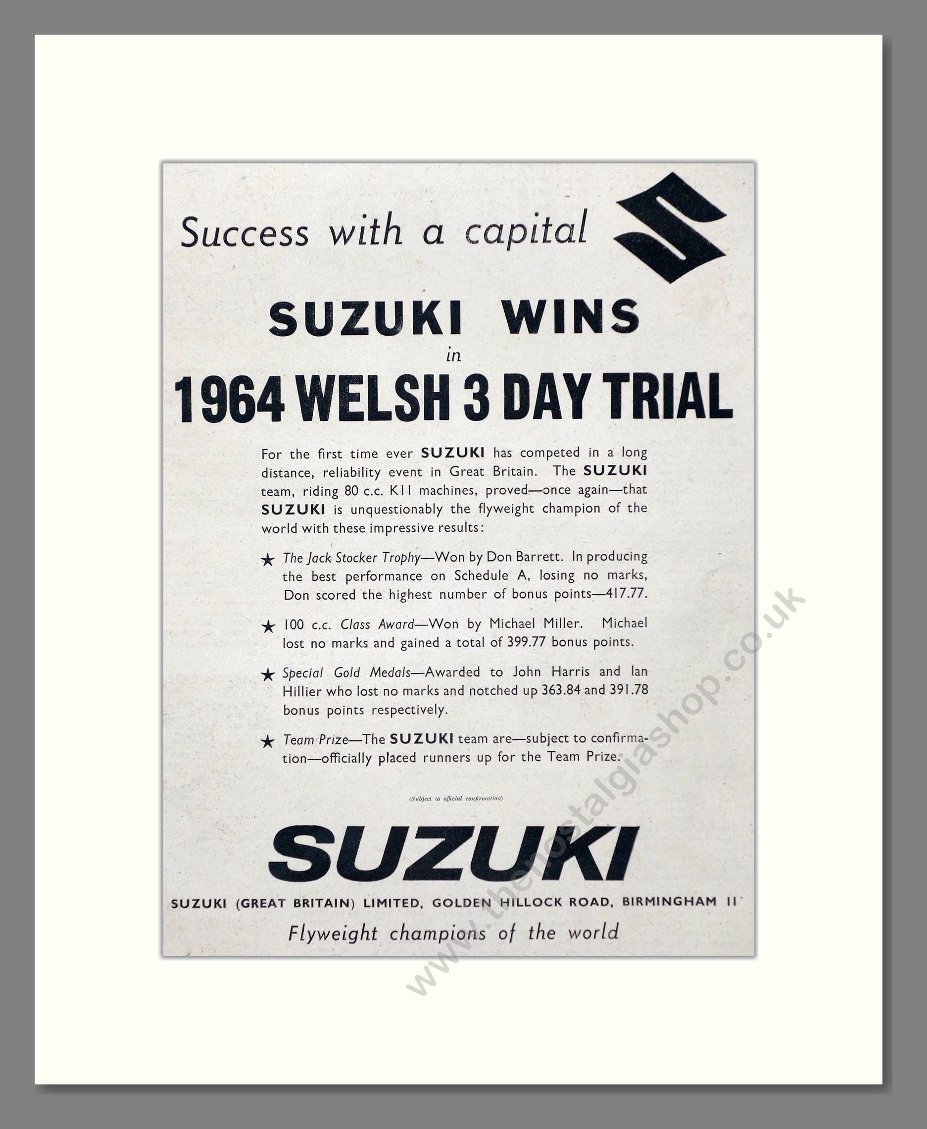 Suzuki - Welsh 3 Day Trial Winner. Vintage Advert 1964 (ref AD67423)