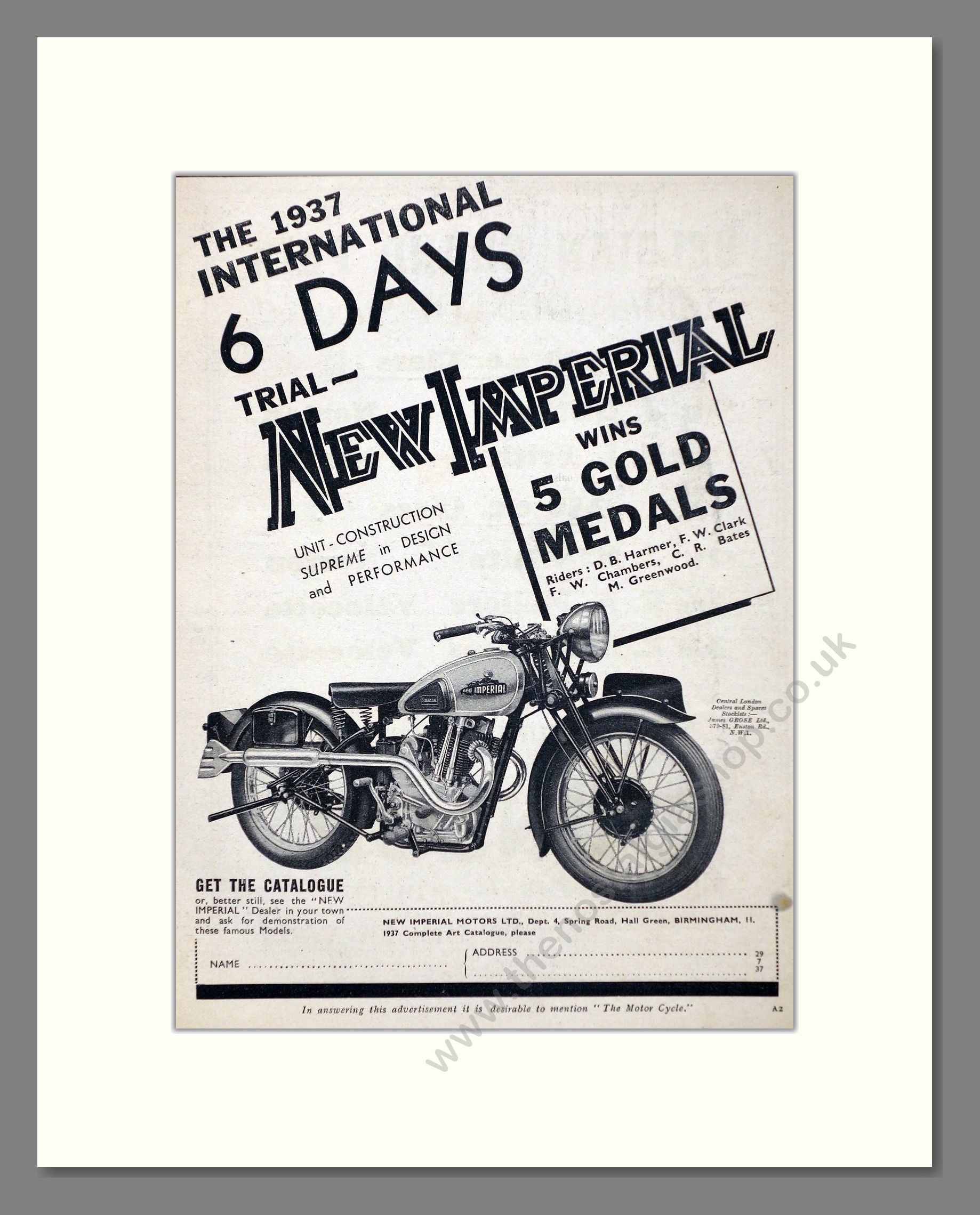 New Imperial - International 6 Day Trial Winner. Vintage Advert 1937 (ref AD67429)