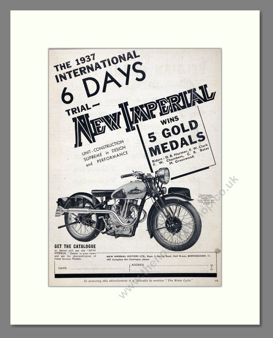 New Imperial - International 6 Day Trial Winner. Vintage Advert 1937 (ref AD67429)