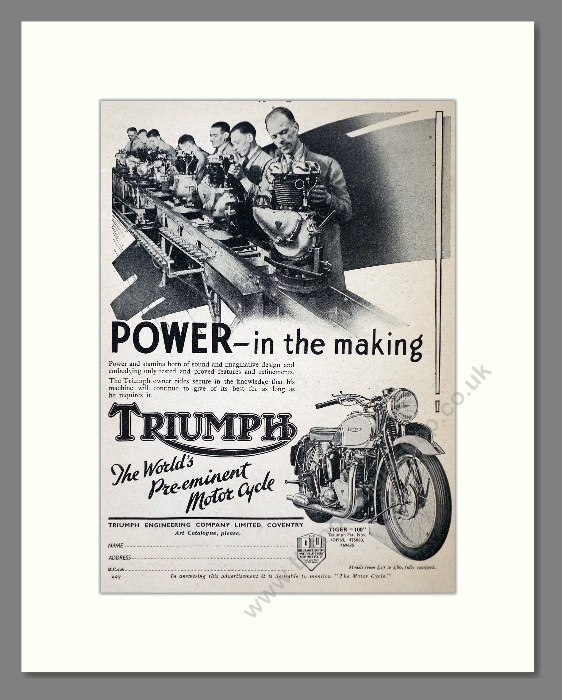Triumph - Tiger Power In The Making. Vintage Advert 1939 (ref AD67434)