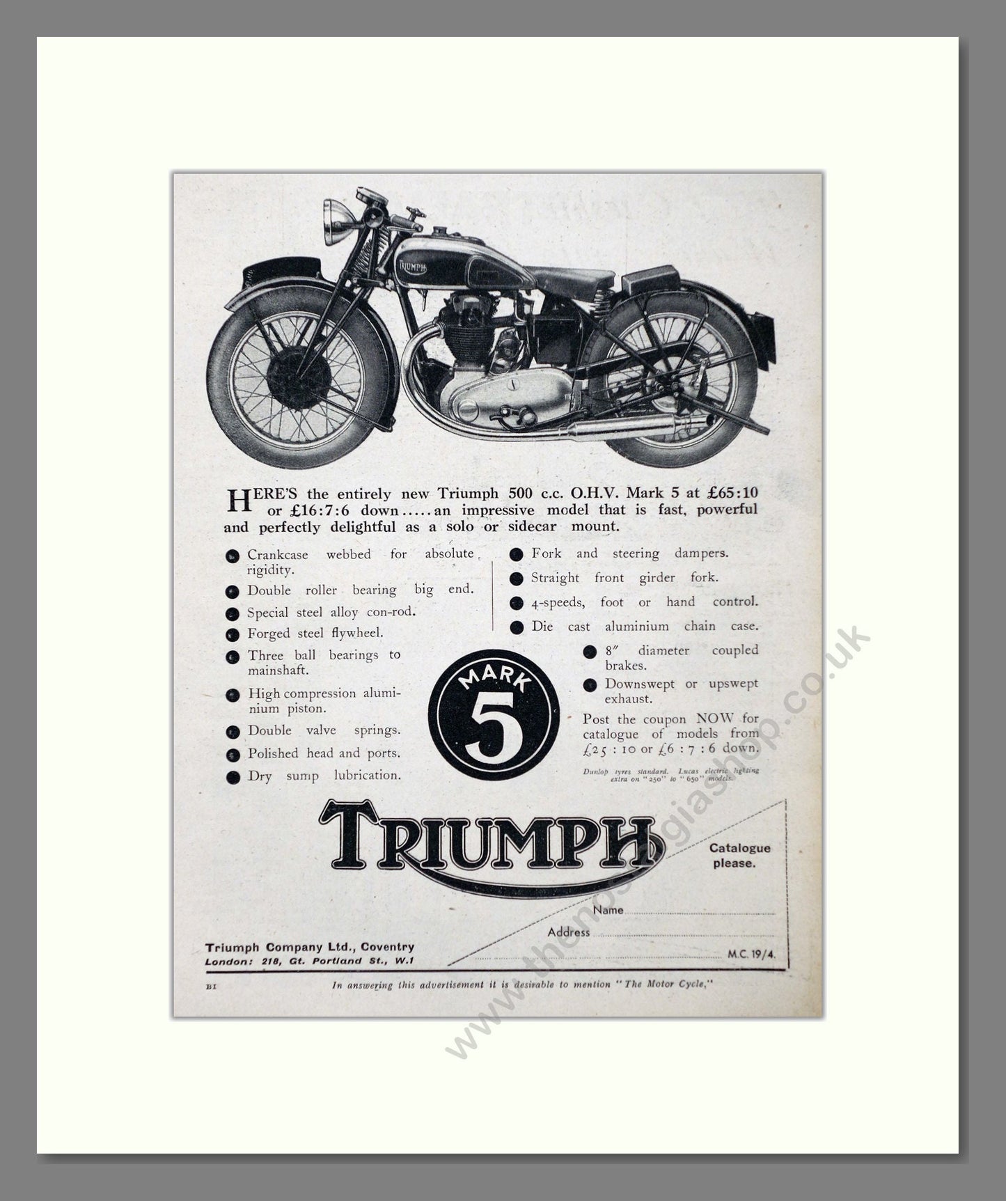Triumph - Mark 5 500cc. Vintage Advert 1934 (ref AD67438)