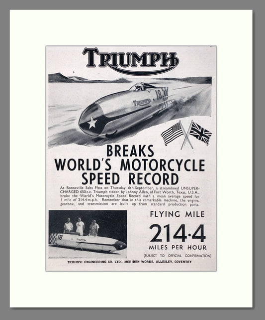 Triumph - Motorcycle Speed Record 650cc. Vintage Advert 1956 (ref AD67439)