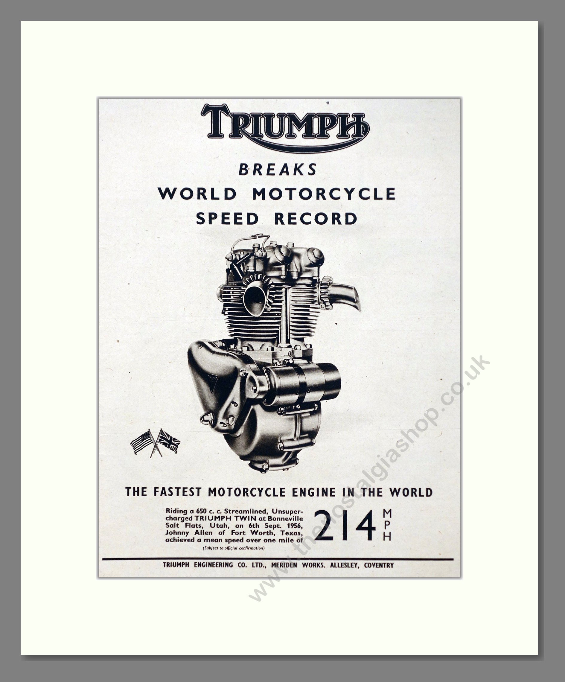 Triumph - Fastest Motorcycle Engine 650cc Streamlined. Vintage Advert 1956 (ref AD67440)
