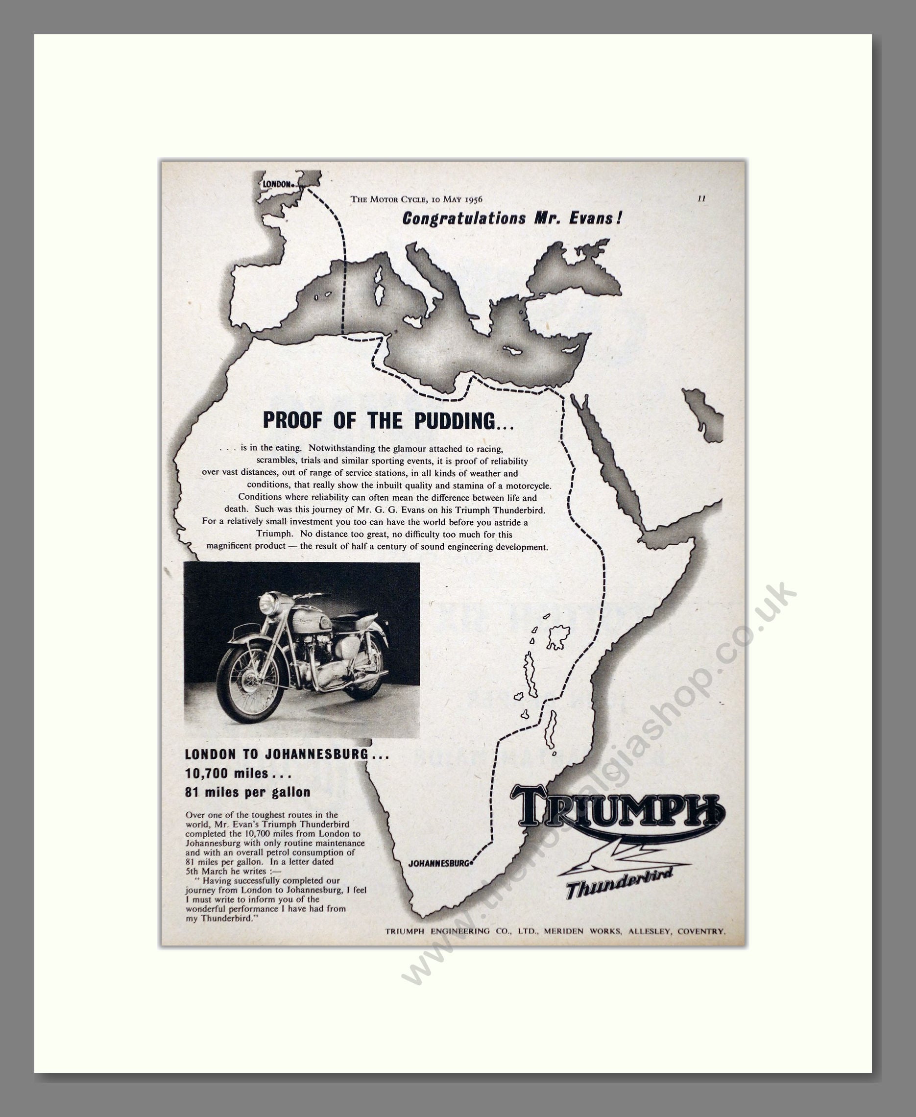 Triumph - Thunderbird London To Johannesburg. Vintage Advert 1956 (ref AD67442)