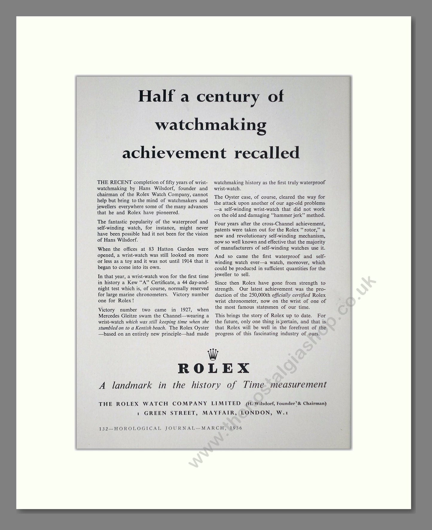 Rolex - 50 Years Of Watchmaking. Vintage Advert 1956 (ref AD67454)