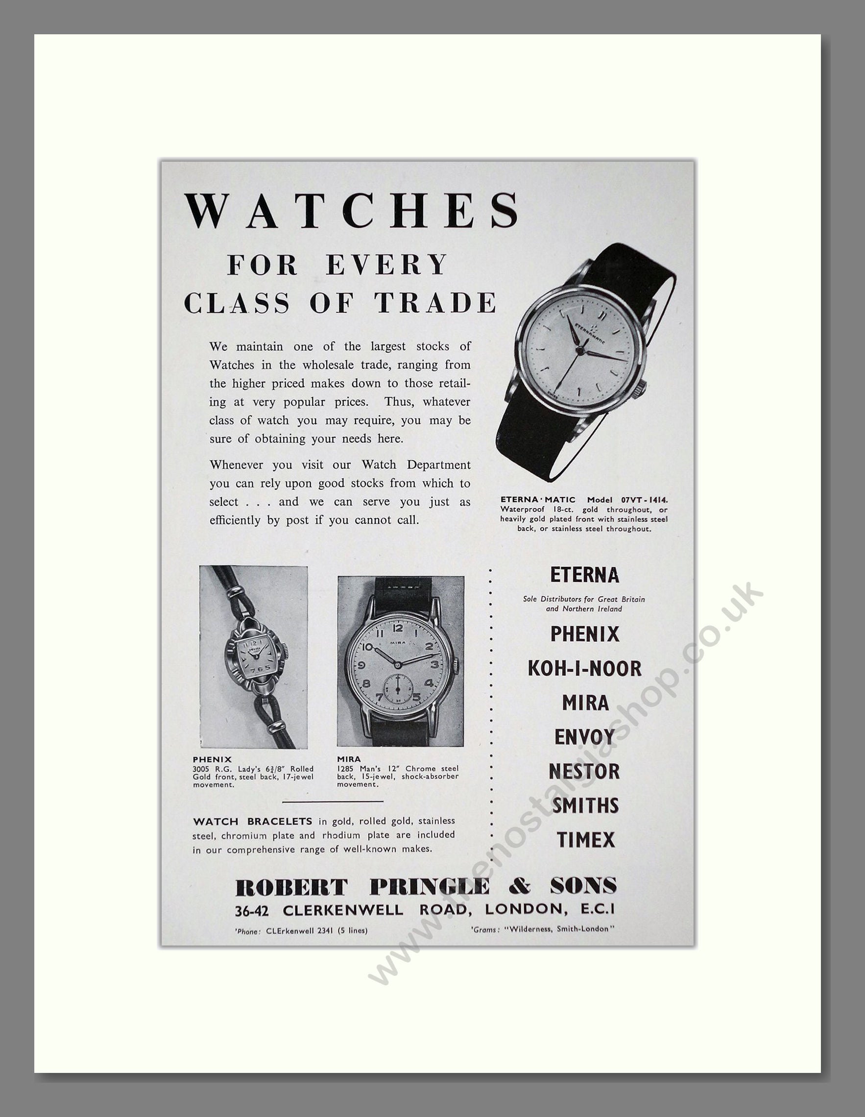 Robert Pringle - Watch Dealers. Vintage Advert 1957 (ref AD67476)