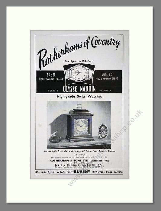 Ulysse Nardin - Rotherhams Of Coventry. Vintage Advert 1957 (ref AD67489)