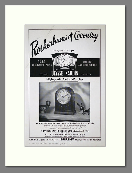 Ulysse Nardin - Rotherhams Of Coventry. Vintage Advert 1956 (ref AD67490)