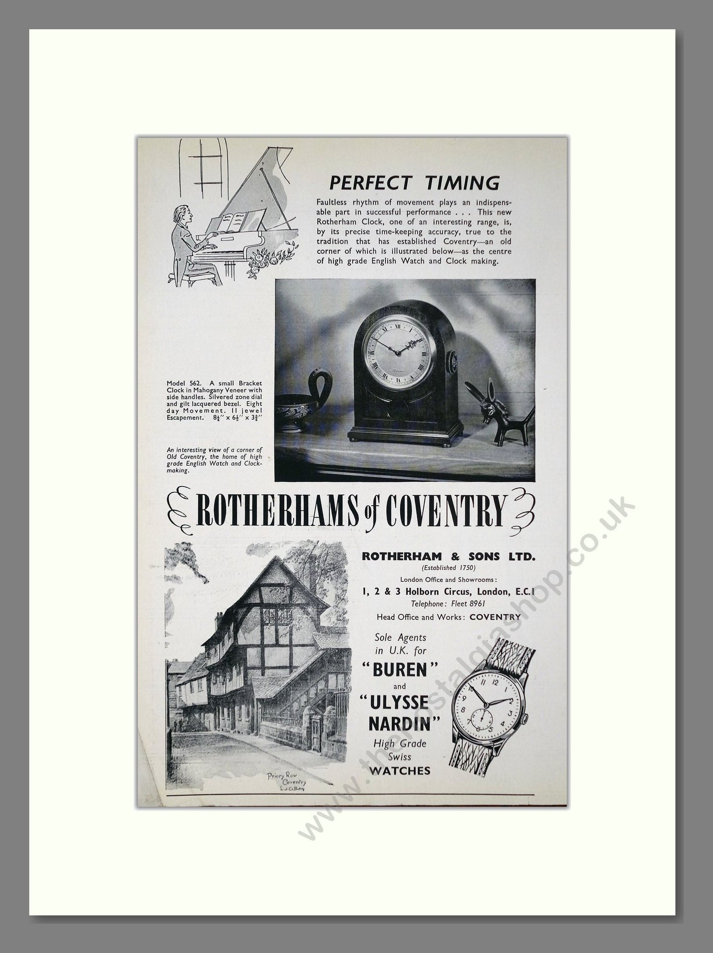 Ulysse Nardin - Rotherhams Of Coventry. Vintage Advert 1956 (ref AD67491)