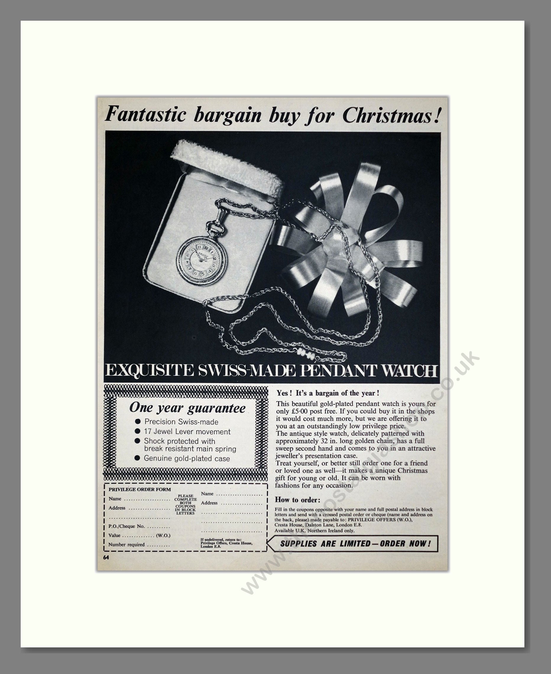 Swiss Pendant Watch - Mail Order. Vintage Advert 1972 (ref AD67495)