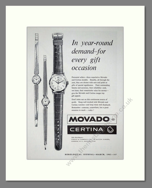 Movado And Certina - Various Watches. Vintage Advert 1962 (ref AD67564)