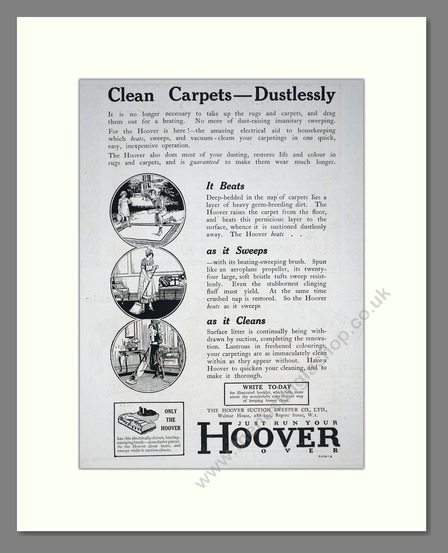 Hoover - Clean Carpets Dustlessly. Vintage Advert 1919 (ref AD67718)
