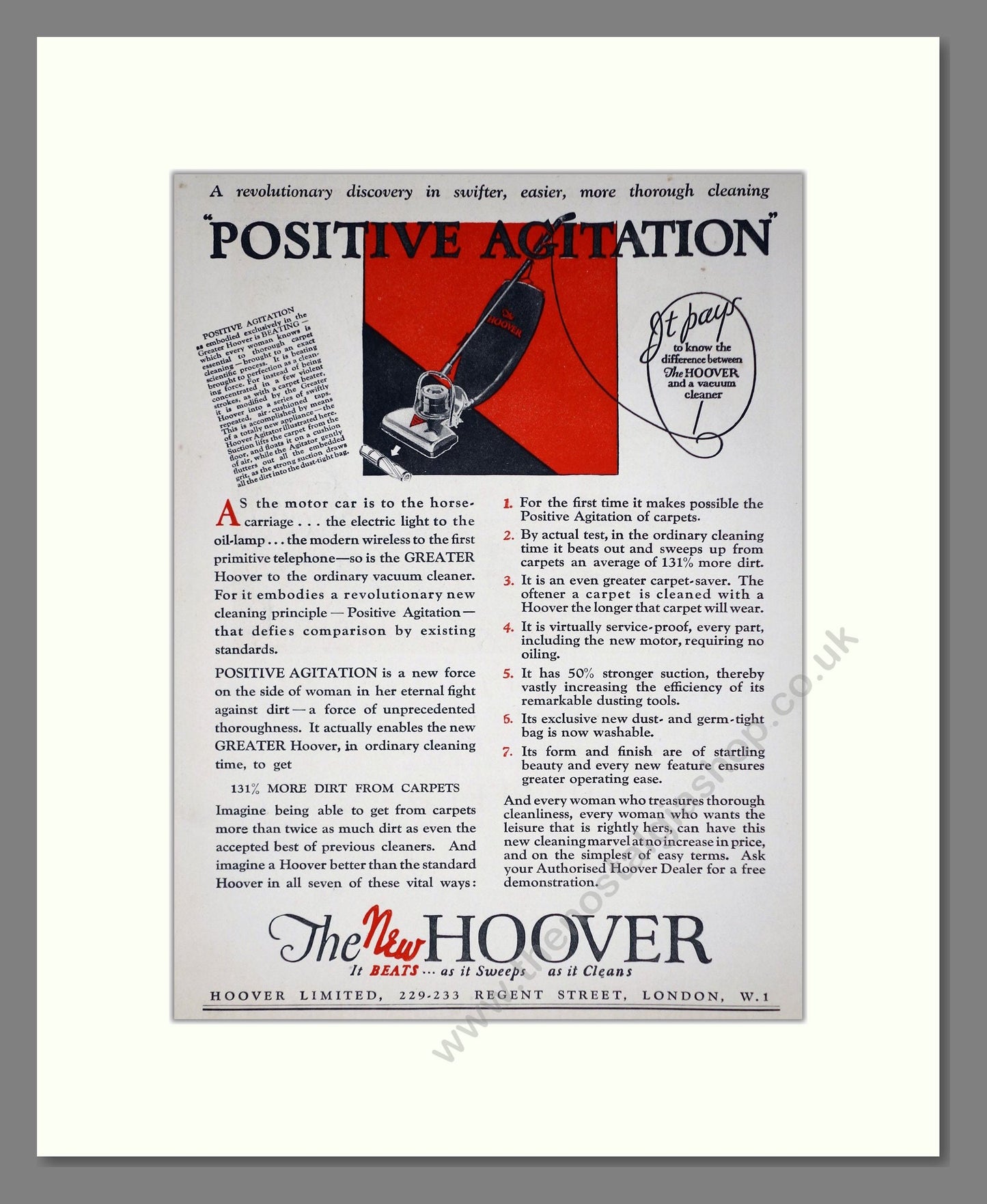 Hoover - Positive Agitation. Vintage Advert 1926 (ref AD67729)