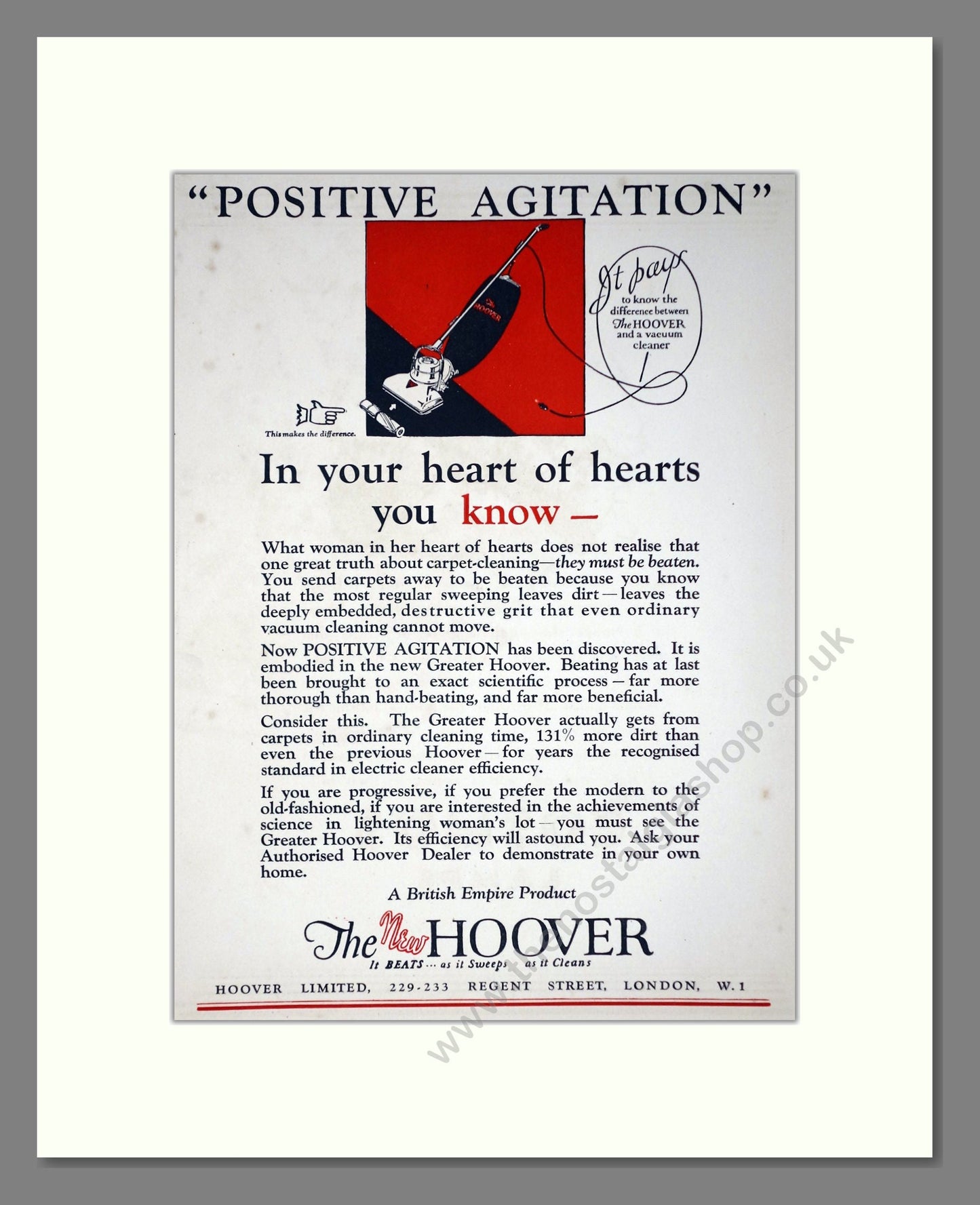 Hoover - Positive Agitation. Vintage Advert 1927 (ref AD67731)