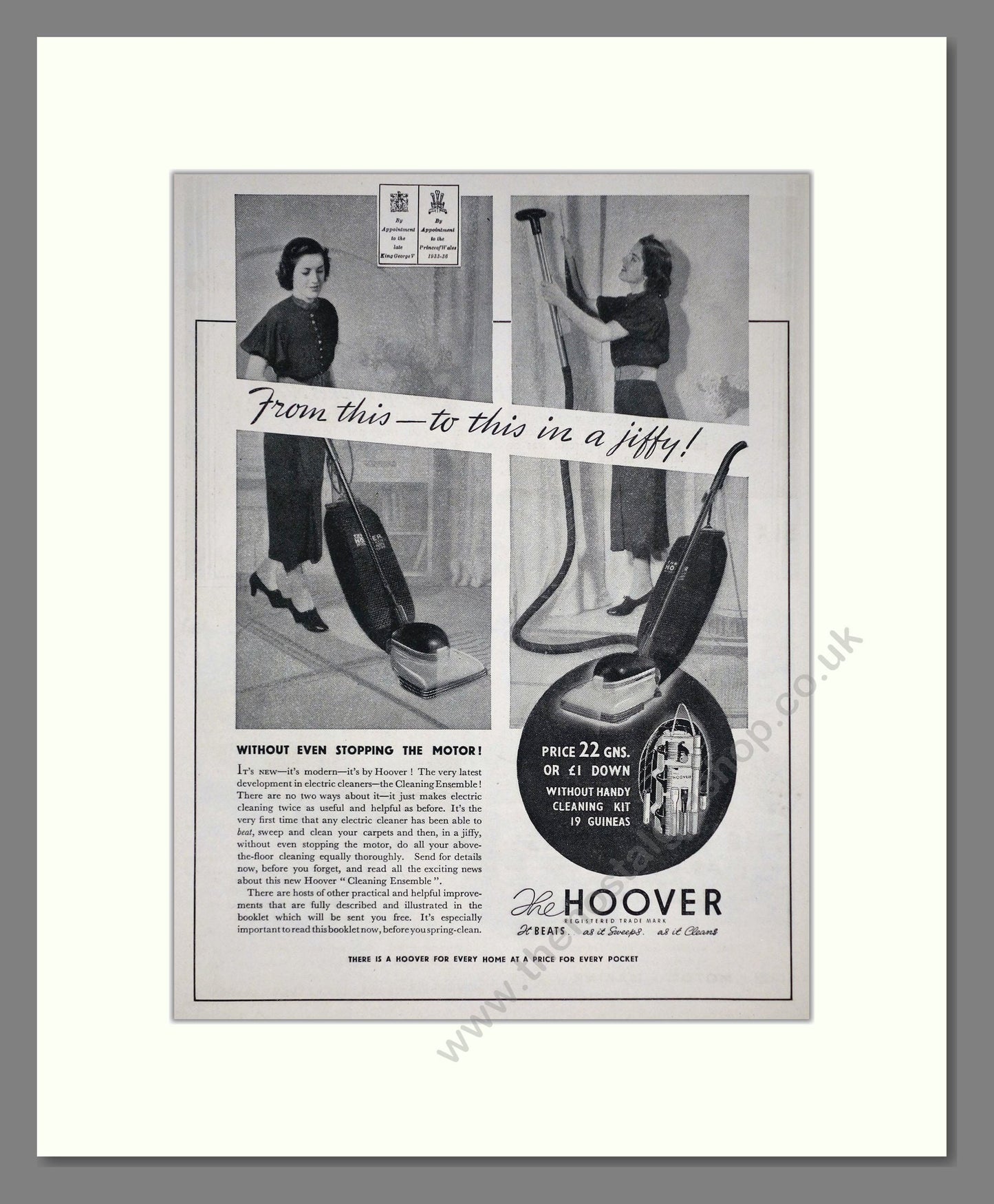 Hoover - In A Jiffy. Vintage Advert 1938 (ref AD67738)