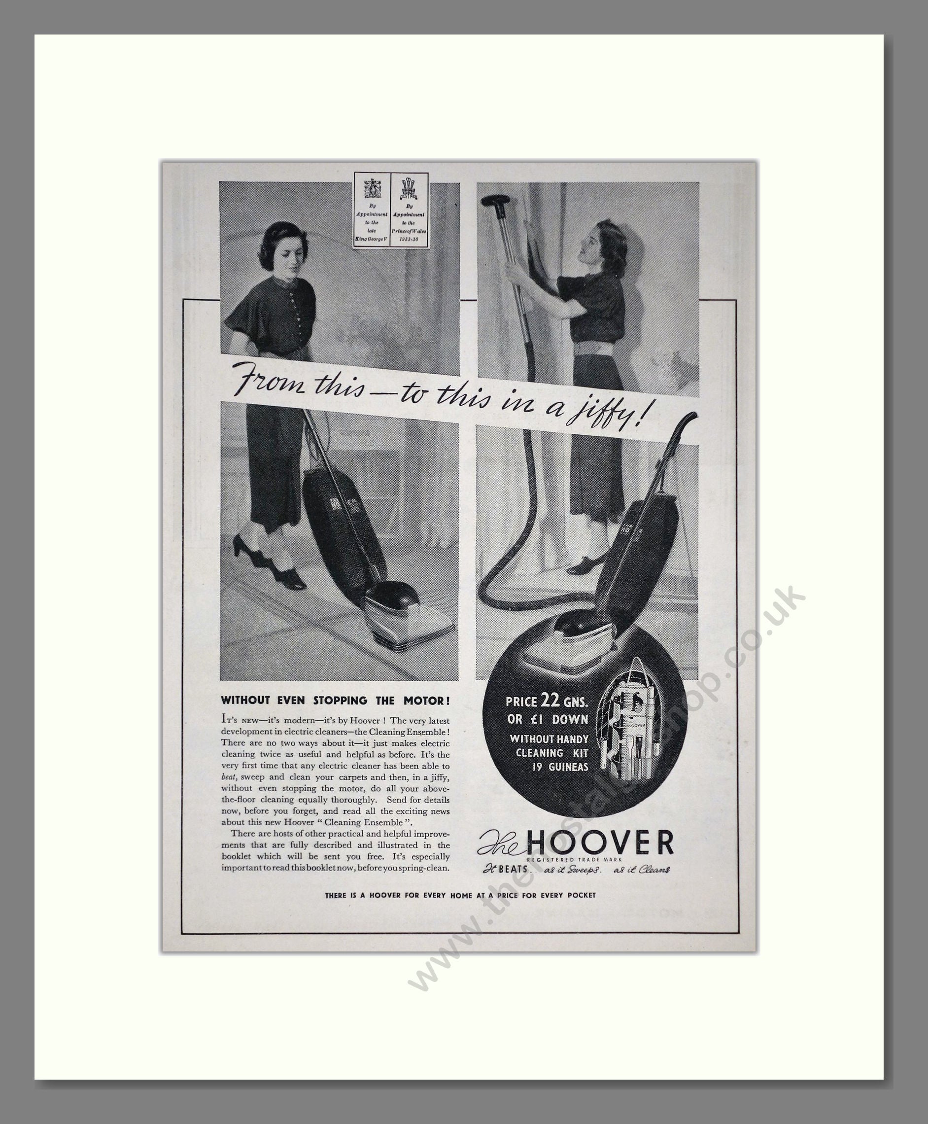 Hoover - In A Jiffy. Vintage Advert 1938 (ref AD67738)