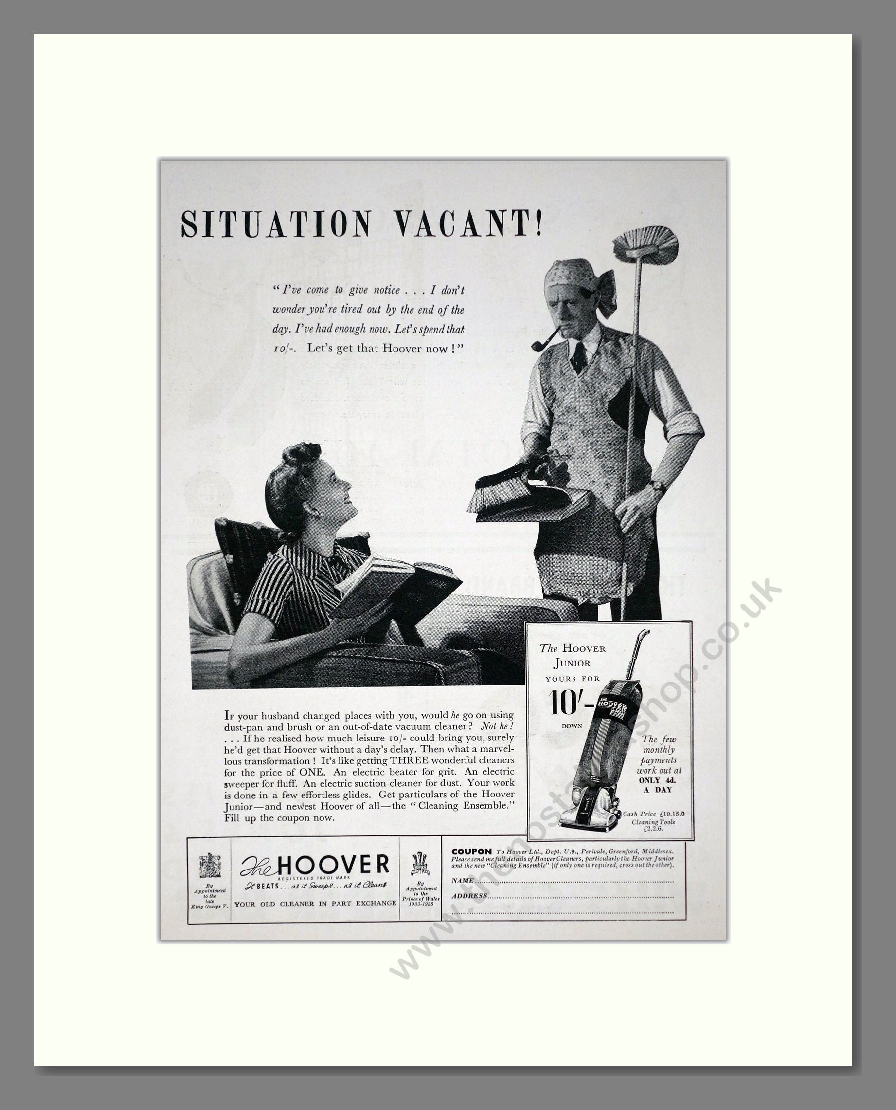 Hoover - Situation Vacant. Vintage Advert 1938 (ref AD67740)