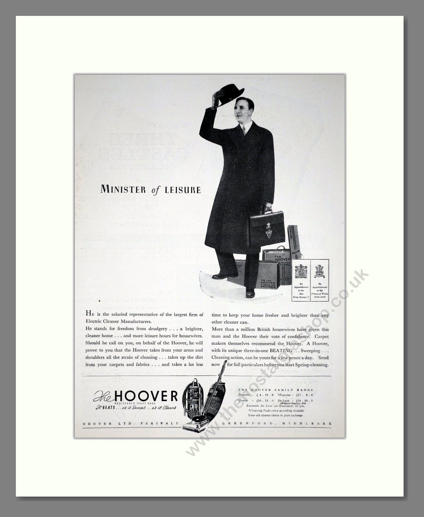 Hoover - Minister Of Leisure. Vintage Advert 1939 (ref AD67744)