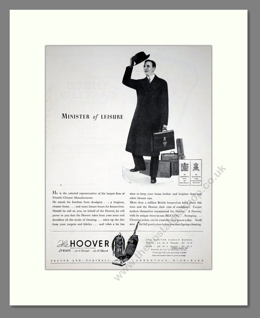 Hoover - Minister Of Leisure. Vintage Advert 1939 (ref AD67744)