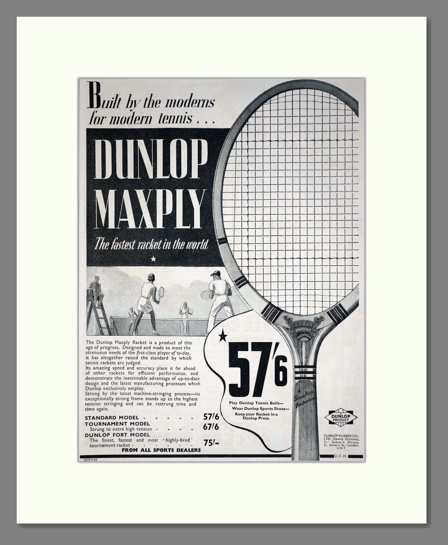 Dunlop - Maxply Tennis Racquet. Vintage Advert 1935 (ref AD67749)