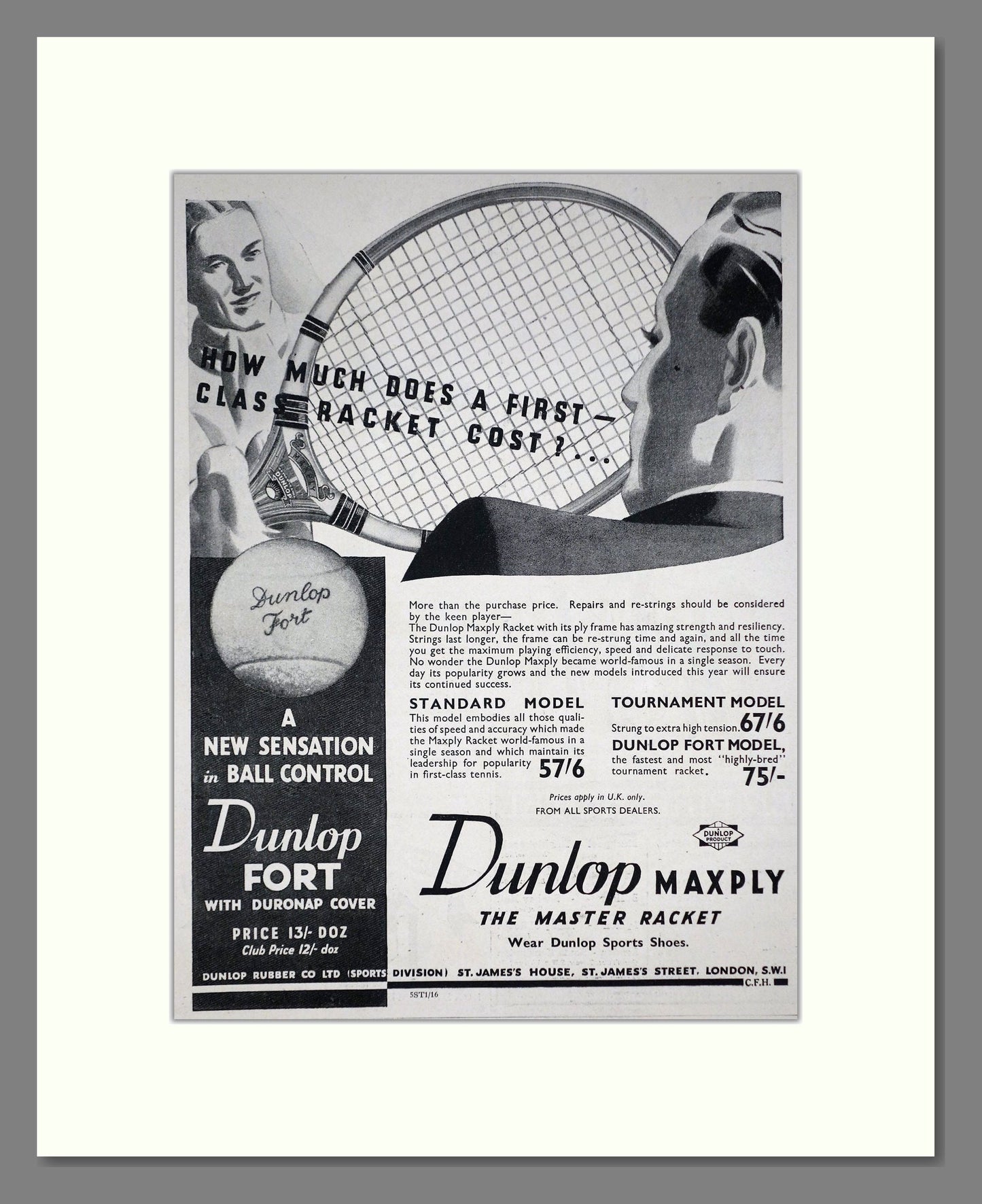 Dunlop - Maxply Tennis Racquet. Vintage Advert 1935 (ref AD67750)