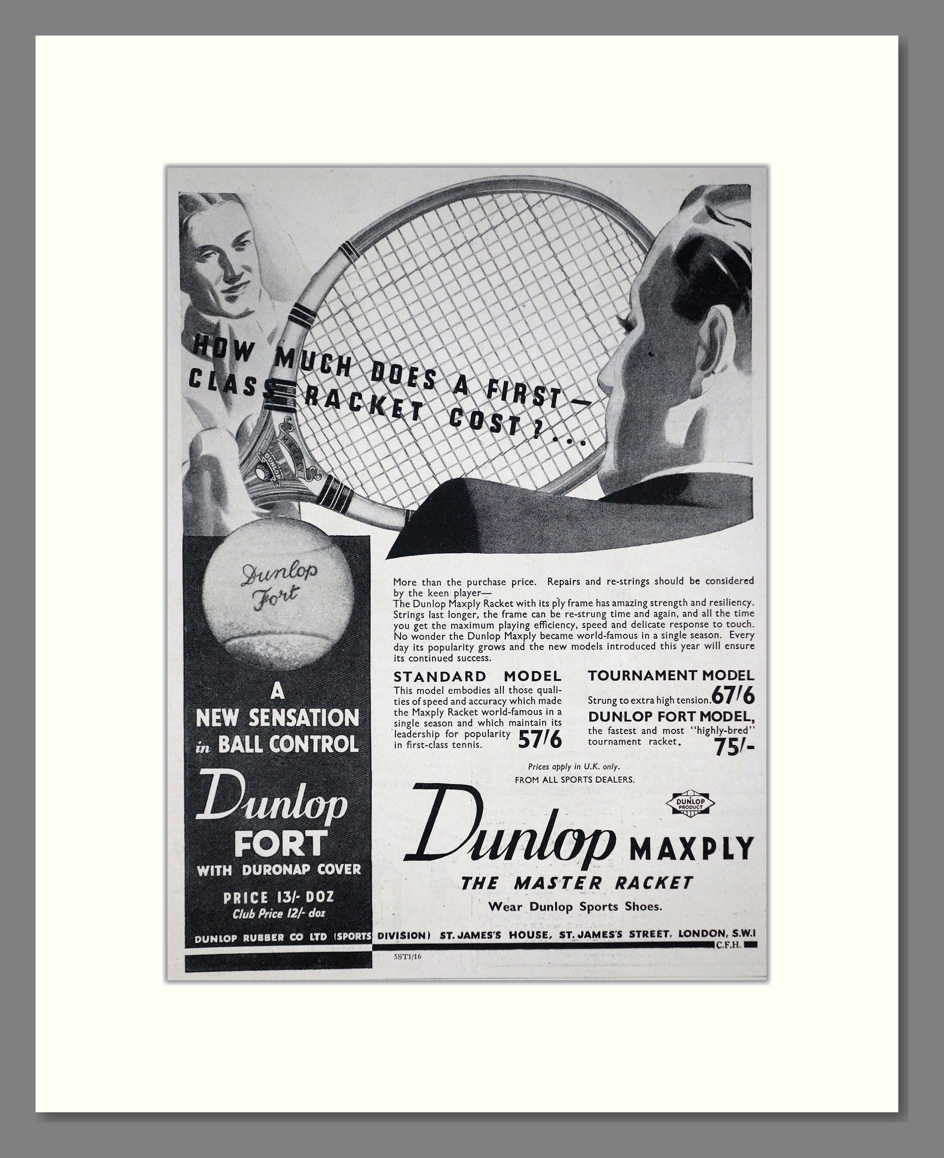 Dunlop - Maxply Tennis Racquet. Vintage Advert 1935 (ref AD67750)