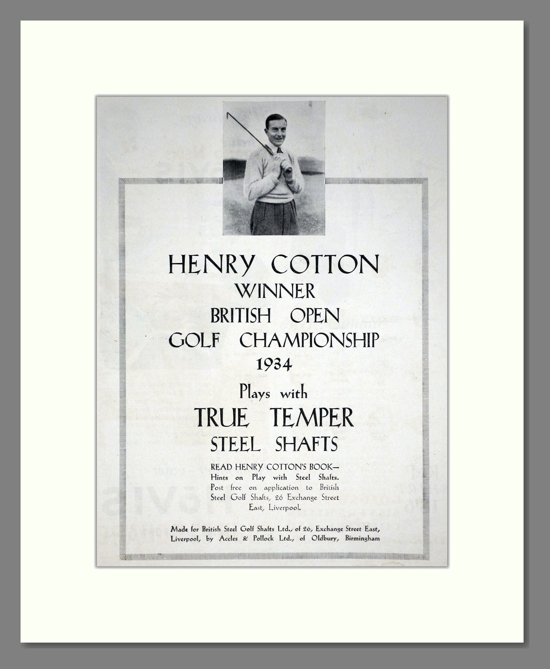 True Temper - Steel Golf Club Shafts (Henry Cotton). Vintage Advert 1934 (ref AD67752)