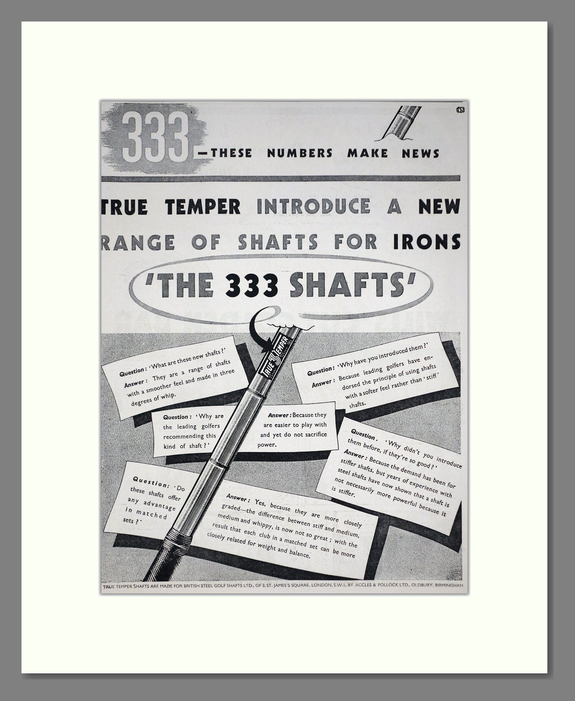 True Temper - 333 Steel Golf Club Shafts. Vintage Advert 1938 (ref AD67754)