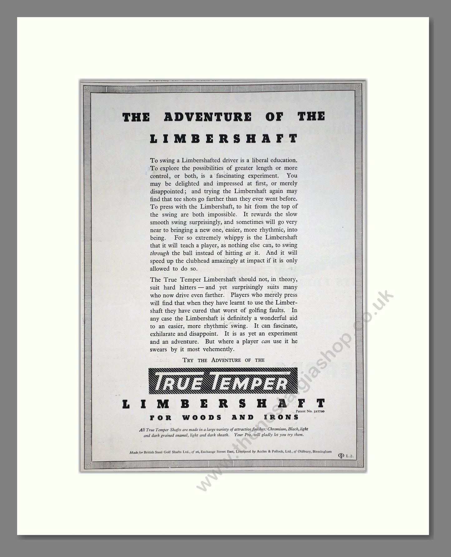 True Temper - Limbershaft. Vintage Advert 1935 (ref AD67755)