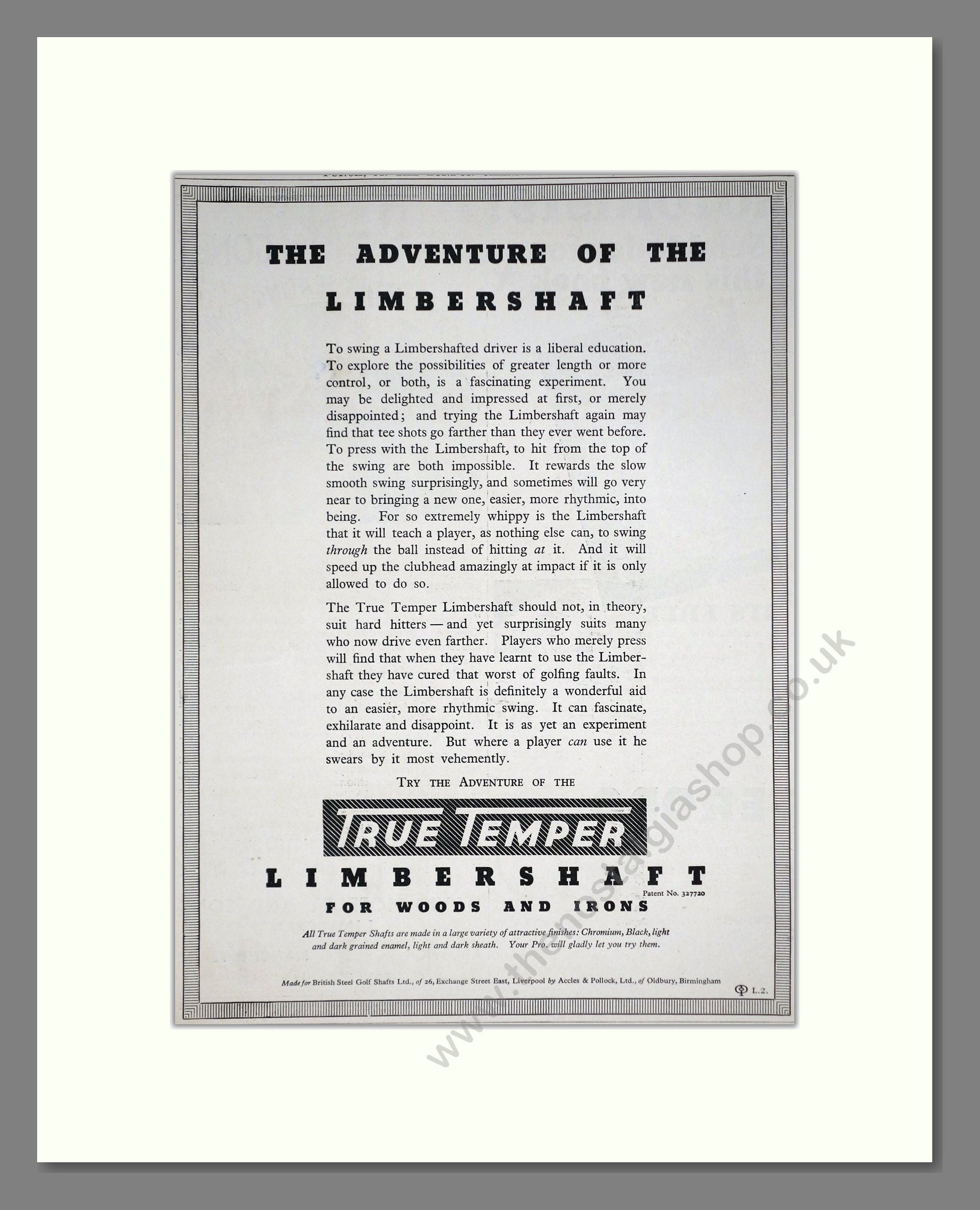 True Temper - Limbershaft. Vintage Advert 1935 (ref AD67755)