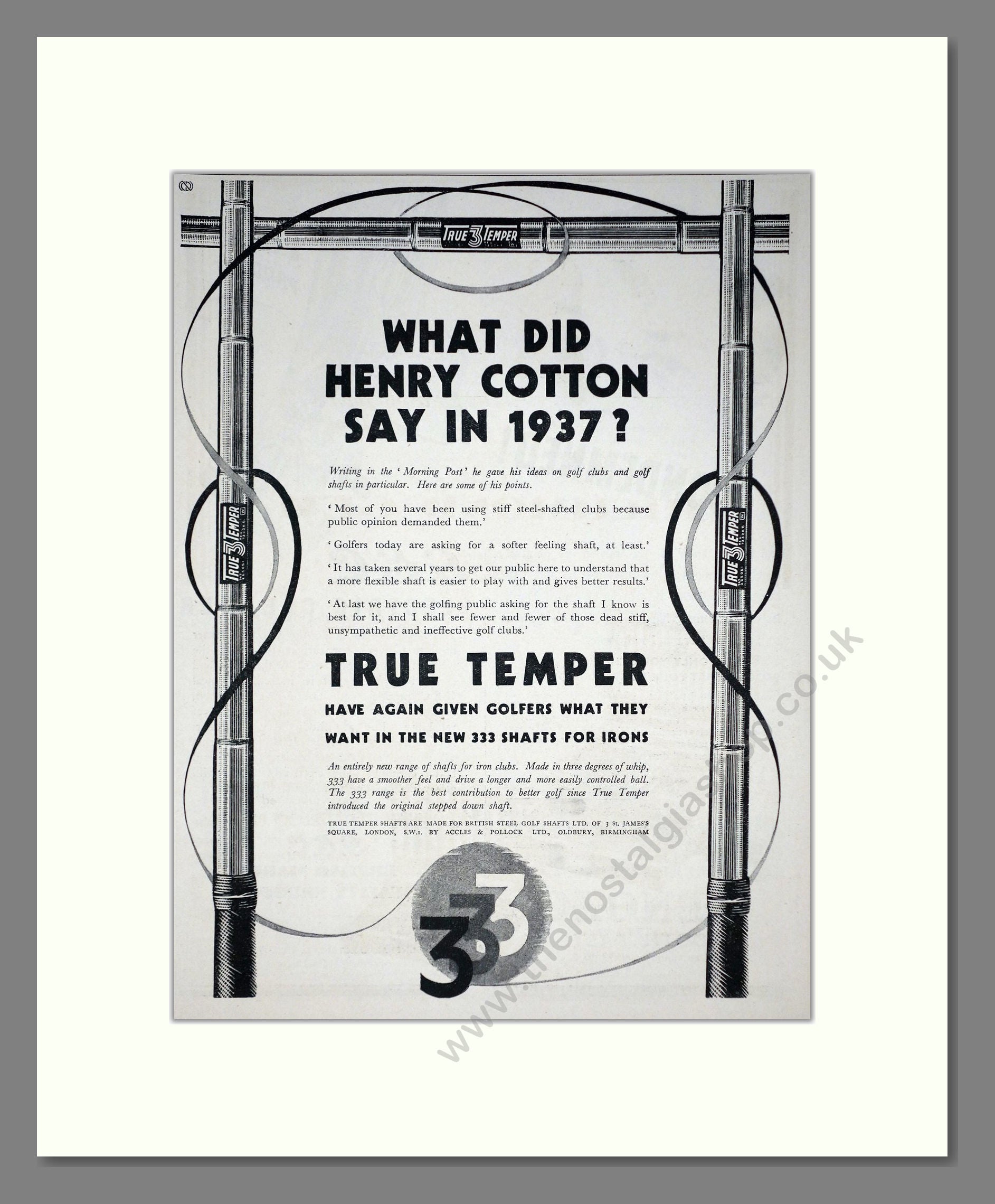 True Temper - Steel Golf Club Shafts. Vintage Advert 1938 (ref AD67756)