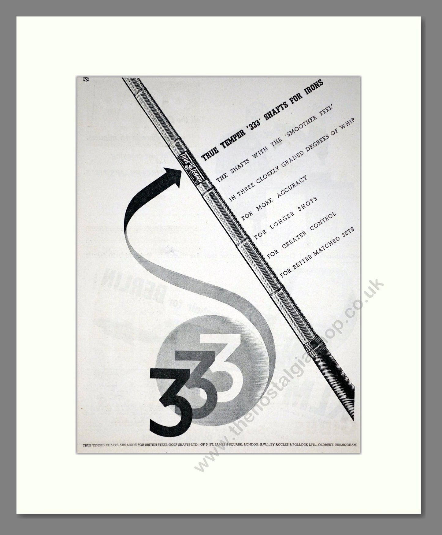True Temper - 333 Steel Golf Club Shafts. Vintage Advert 1938 (ref AD67758)