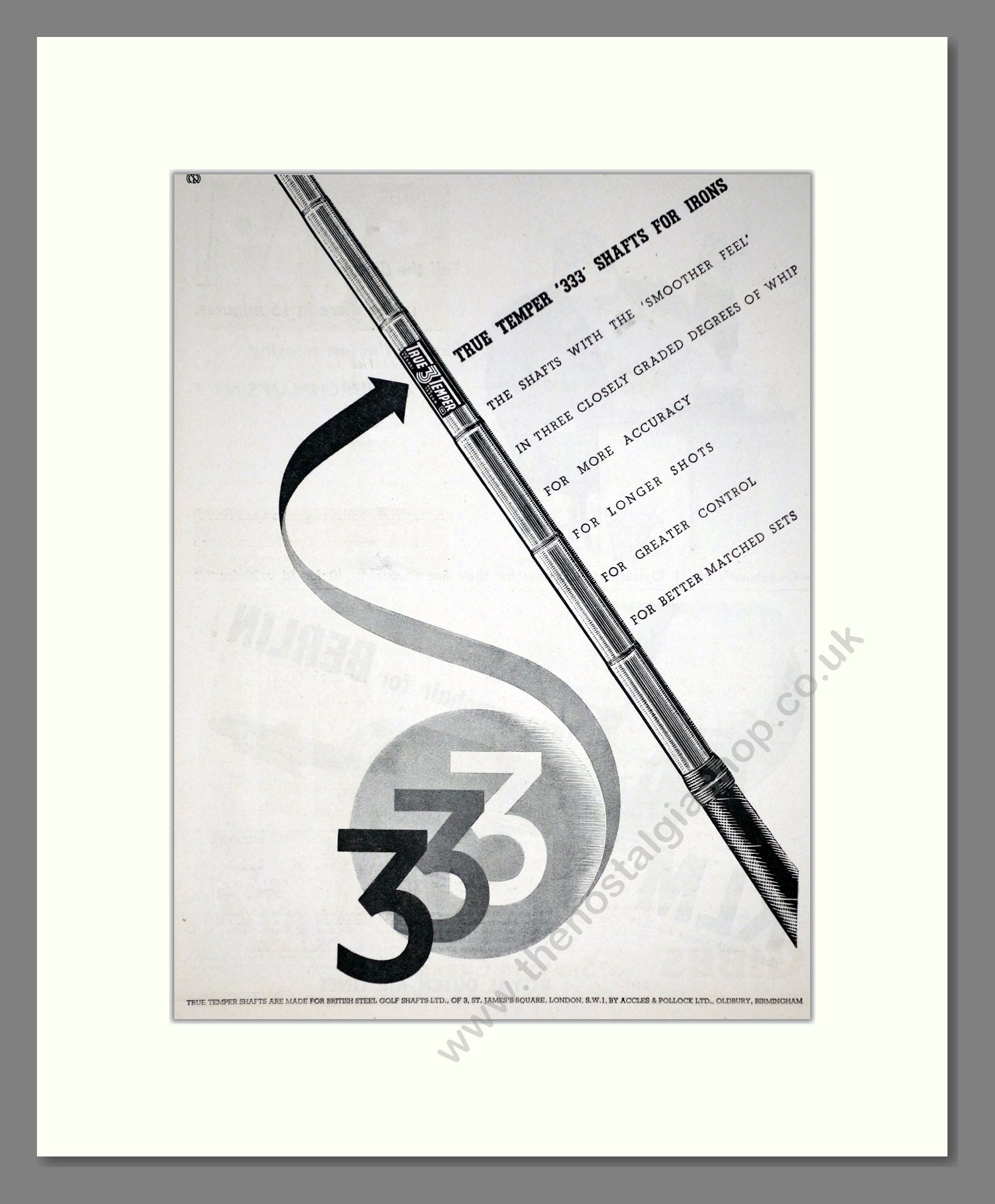 True Temper - 333 Steel Golf Club Shafts. Vintage Advert 1938 (ref AD67758)