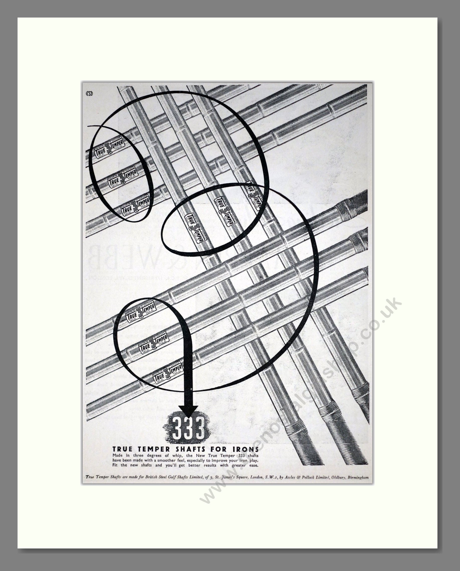 True Temper - 333 Steel Golf Club Shafts. Vintage Advert 1938 (ref AD67759)
