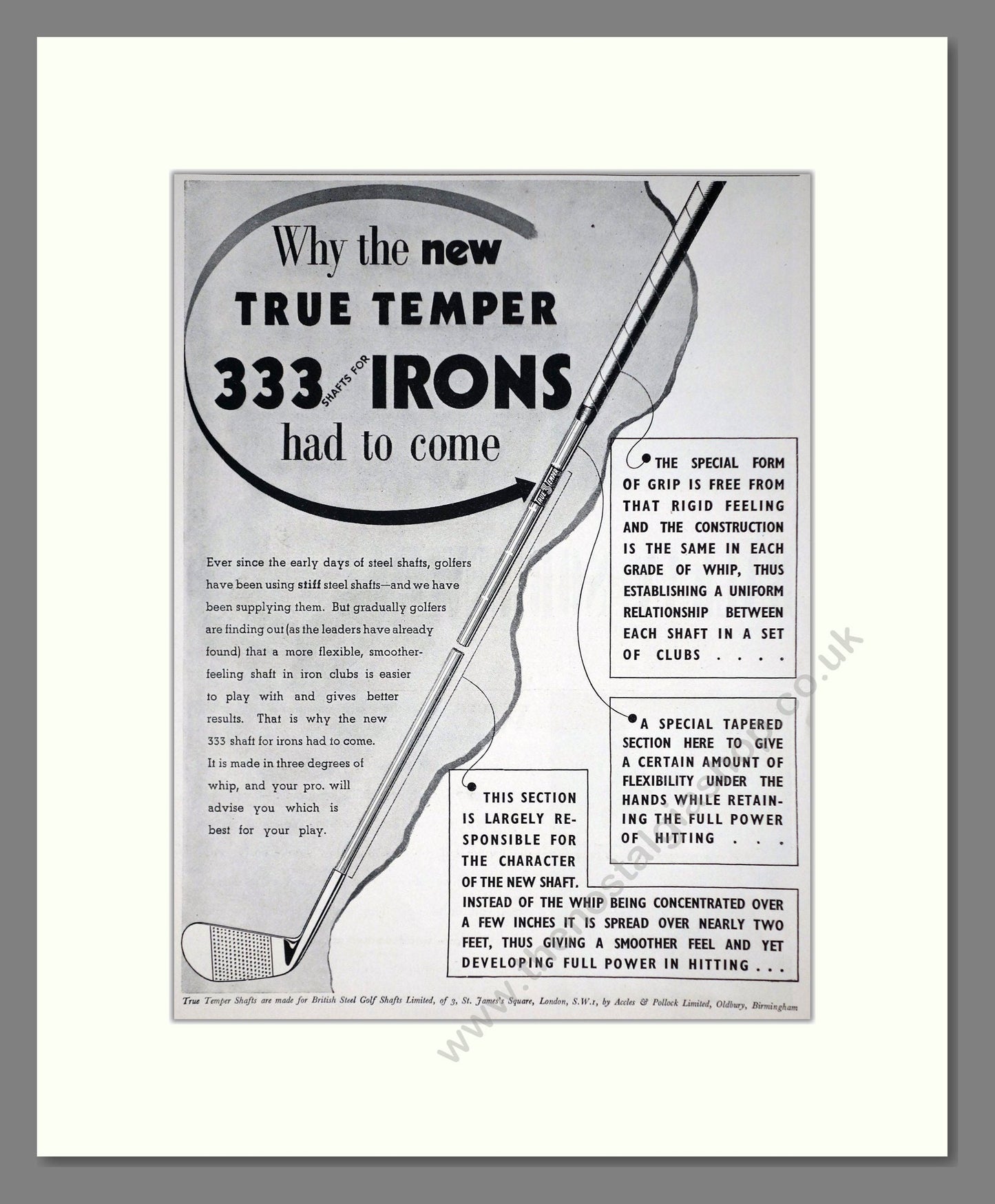 True Temper - 333 Steel Golf Club Shafts. Vintage Advert 1938 (ref AD67764)