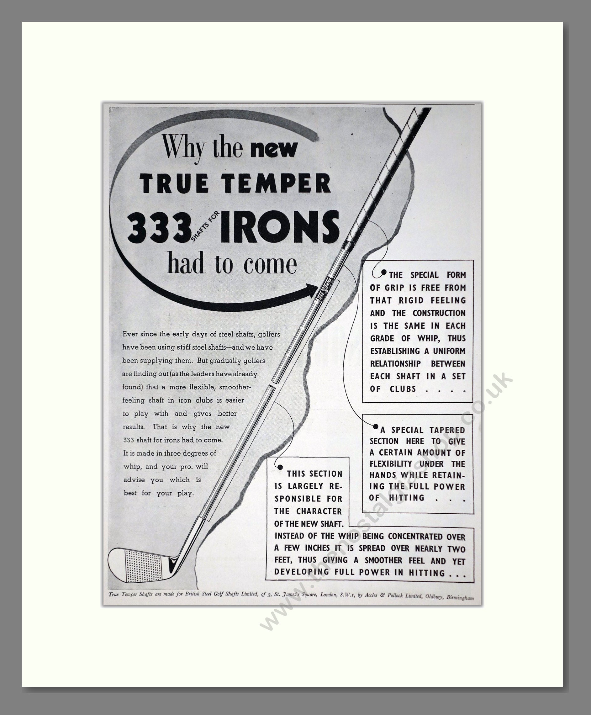 True Temper - 333 Steel Golf Club Shafts. Vintage Advert 1938 (ref AD67764)