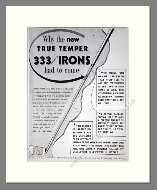 True Temper - 333 Steel Golf Club Shafts. Vintage Advert 1938 (ref AD67764)