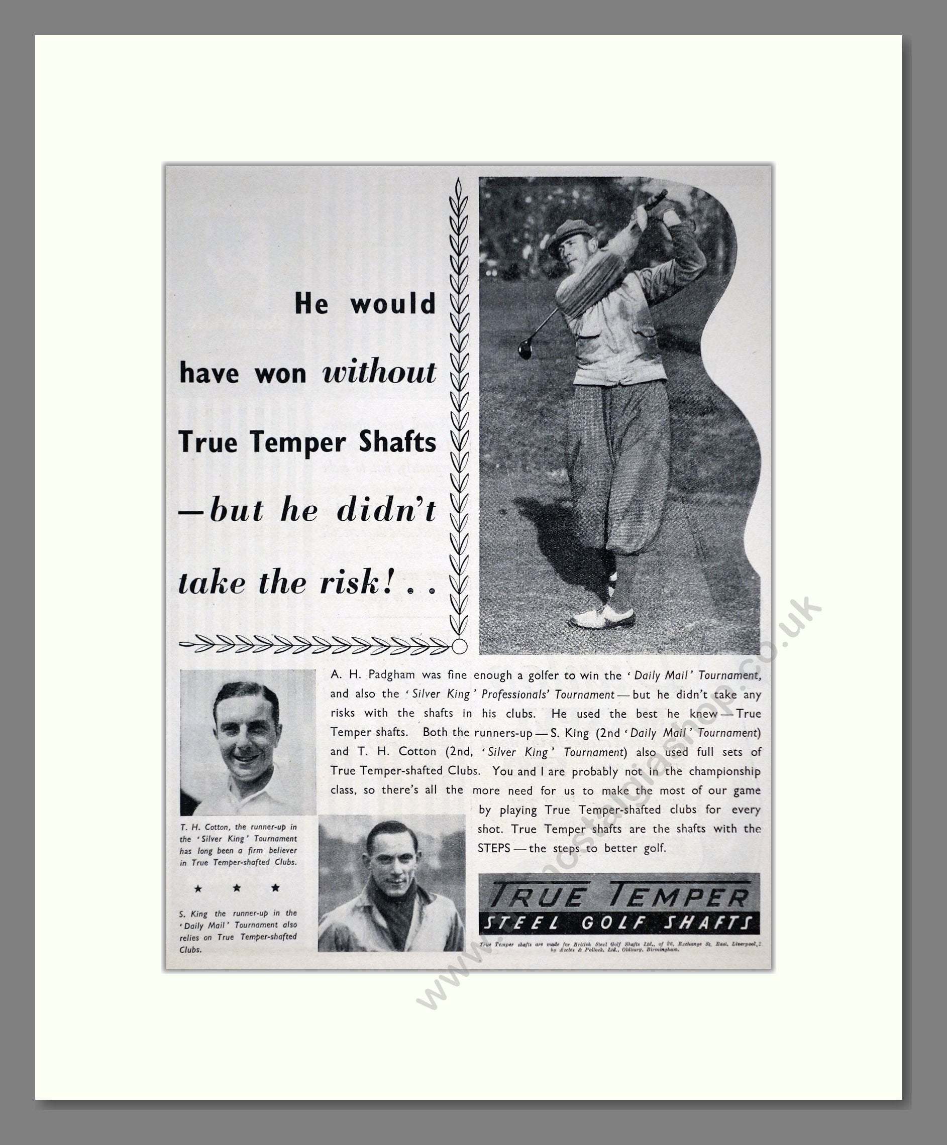 True Temper - Steel Golf Club Shafts. Vintage Advert 1936 (ref AD67770)