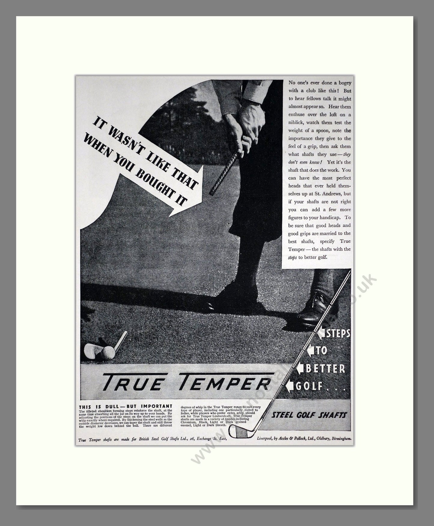 True Temper - Steel Golf Club Shafts. Vintage Advert 1936 (ref AD67771)