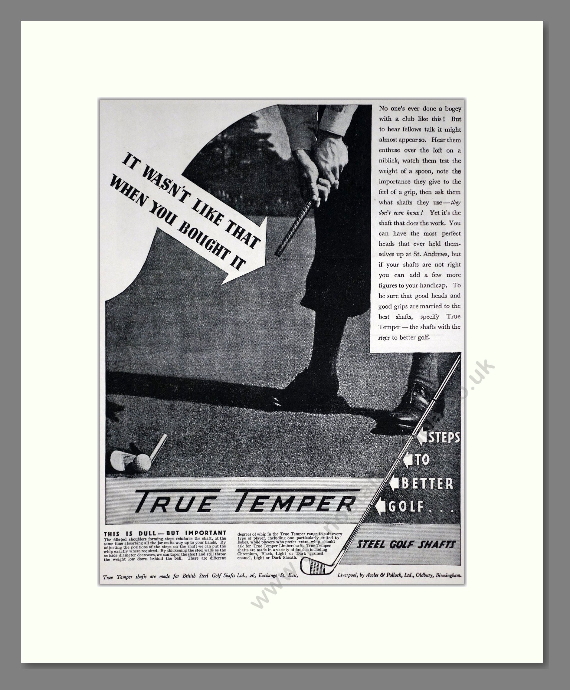 True Temper - Steel Golf Club Shafts. Vintage Advert 1936 (ref AD67771)