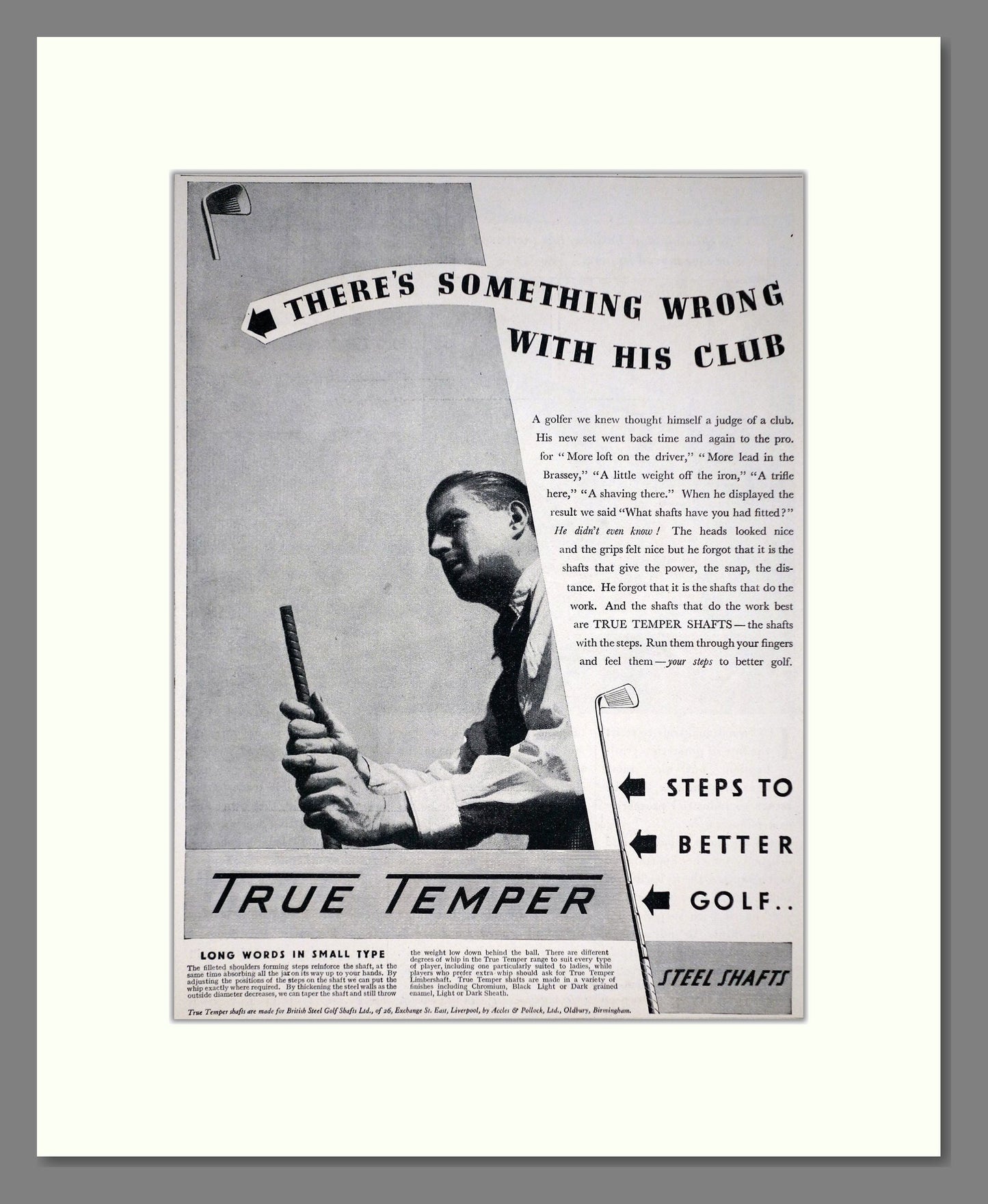 True Temper - Steel Golf Club Shafts. Vintage Advert 1936 (ref AD67773)