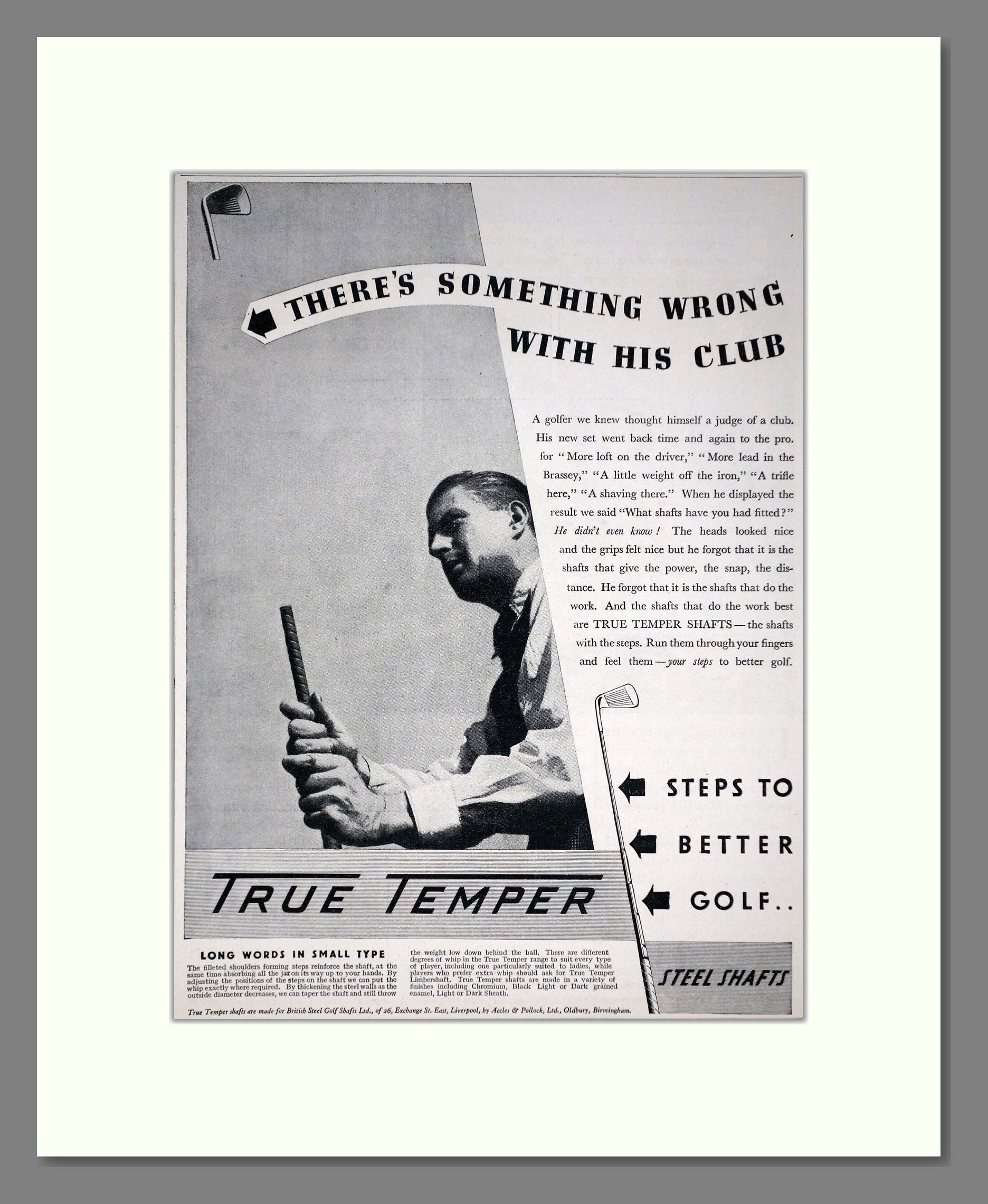 True Temper - Steel Golf Club Shafts. Vintage Advert 1936 (ref AD67773)