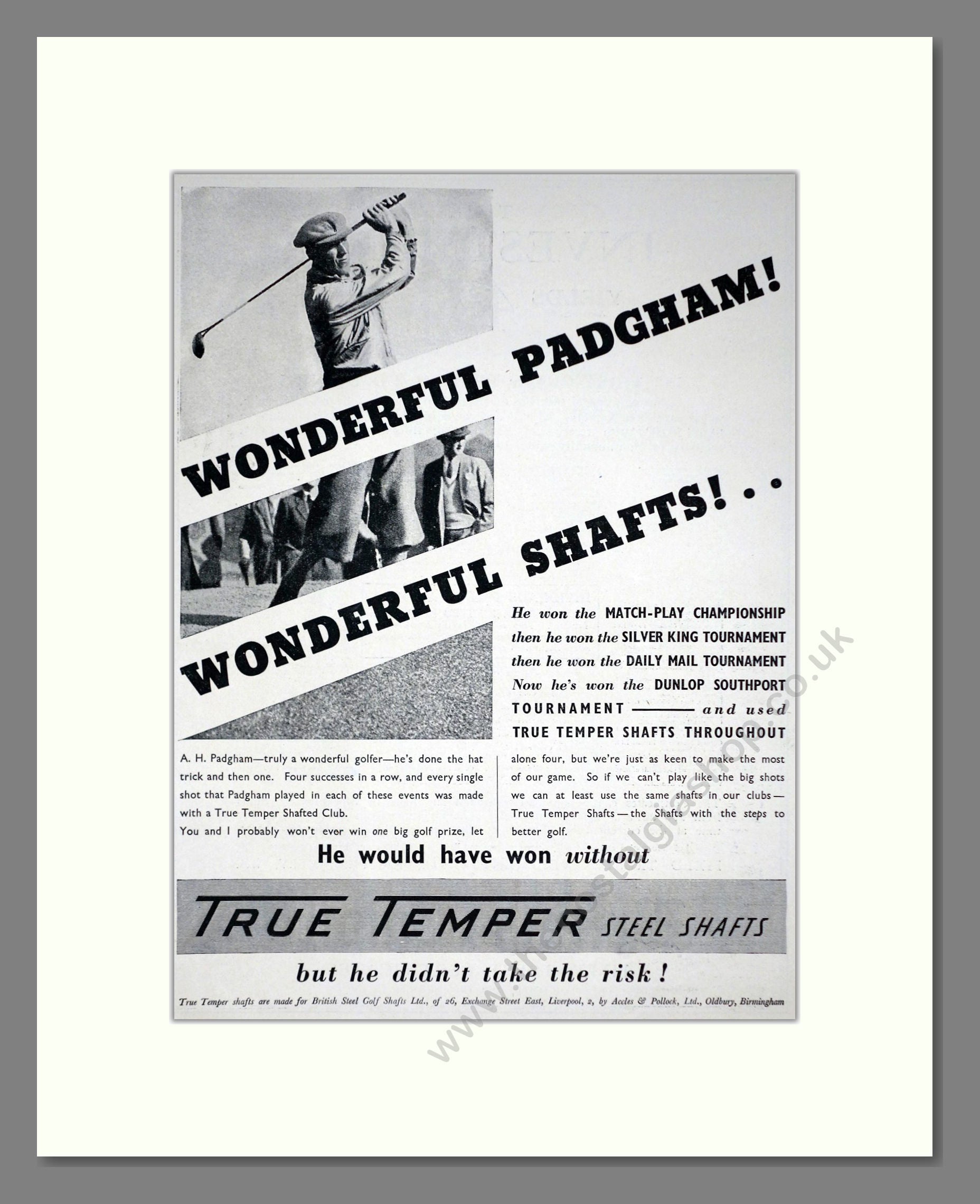 True Temper - Steel Golf Club Shafts. Vintage Advert 1936 (ref AD67778)