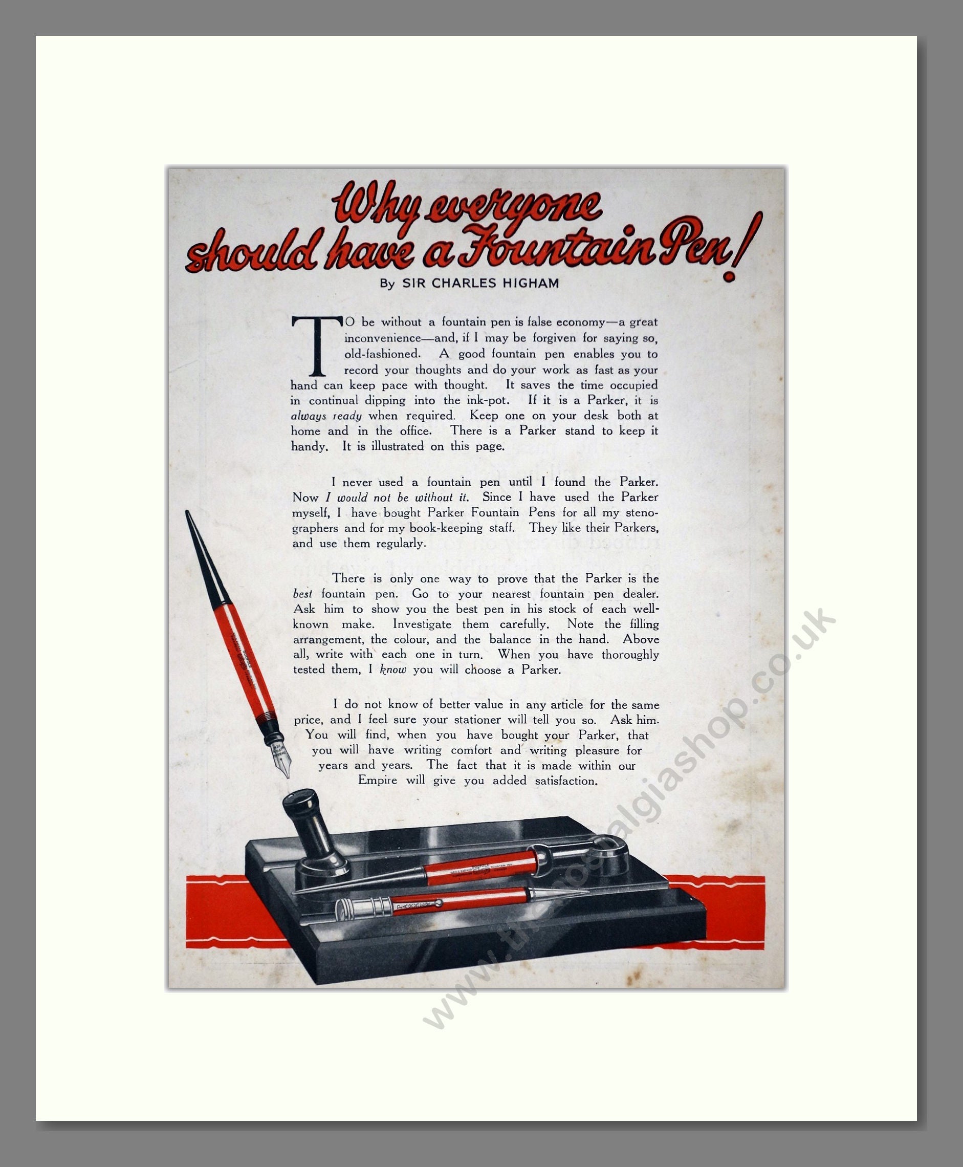 Parker Pens - Why Everyone Should Have A  Fountain Pen. Vintage Advert 1927 (ref AD67785)